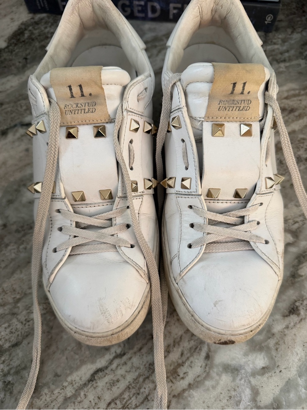 Valentino White Leather Rockstud Sneakers with Gold Studs